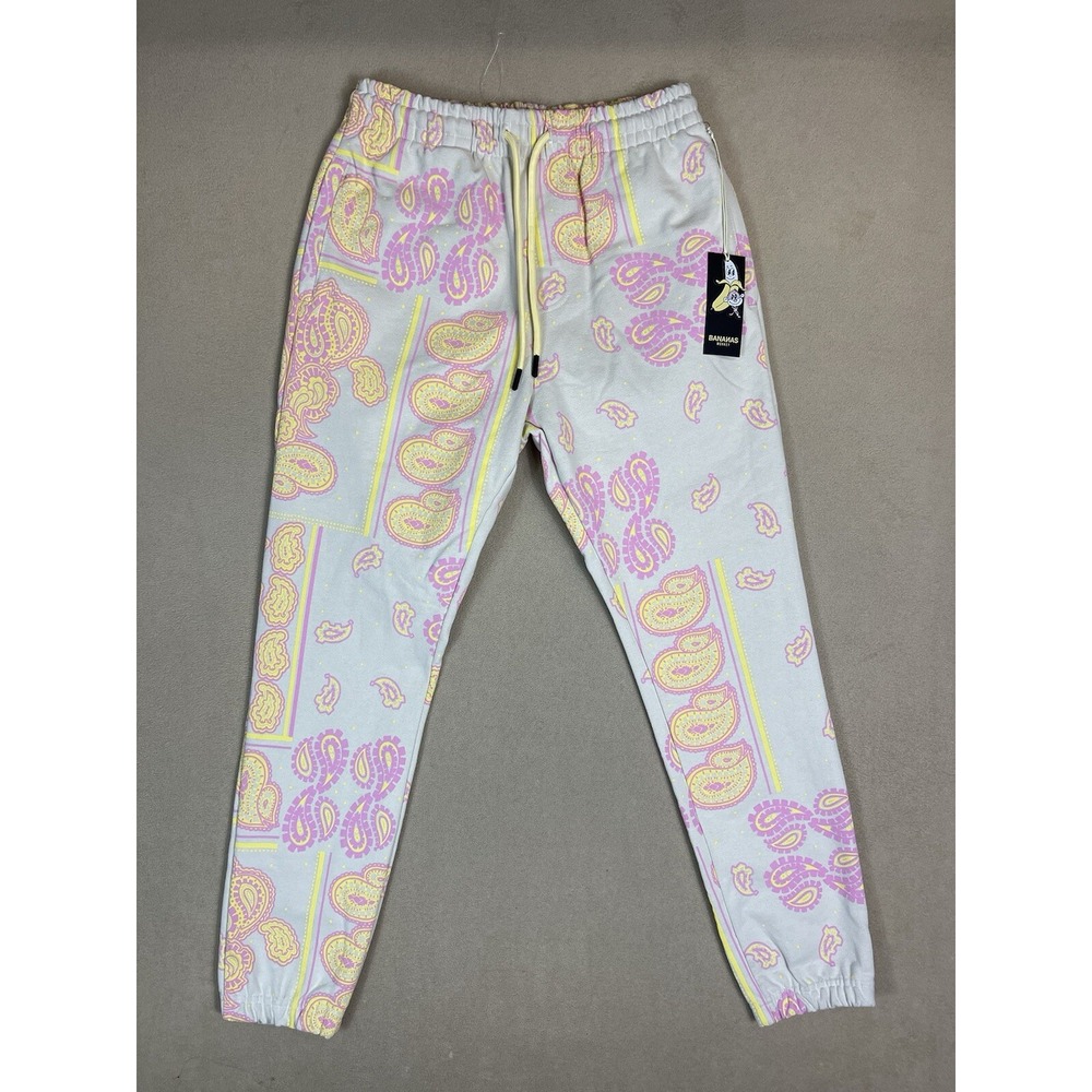 Bananas Monkey Sweatpants Mens M Paisley Print Grey Pink Yellow Joggers NEW
